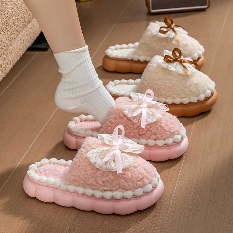 Winter Warm Fur Slippers For Women Thick-Soled Household Slippers Cute Bow Non Slip Soft Home Shoes Indoor Plush Womens Slipper S260305