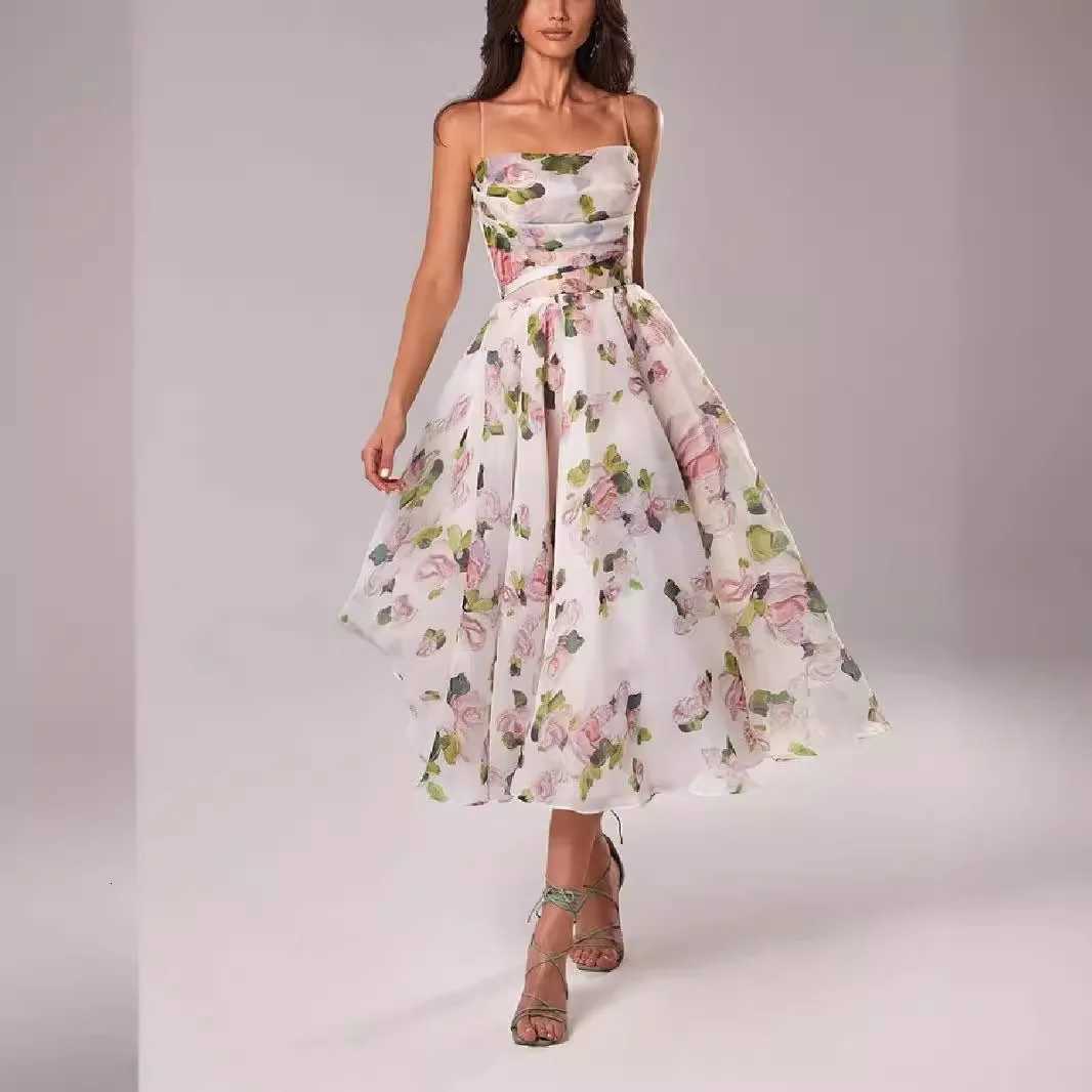 Strapless Spaghetti Straps Flowers Print Knee Length Dress X260306