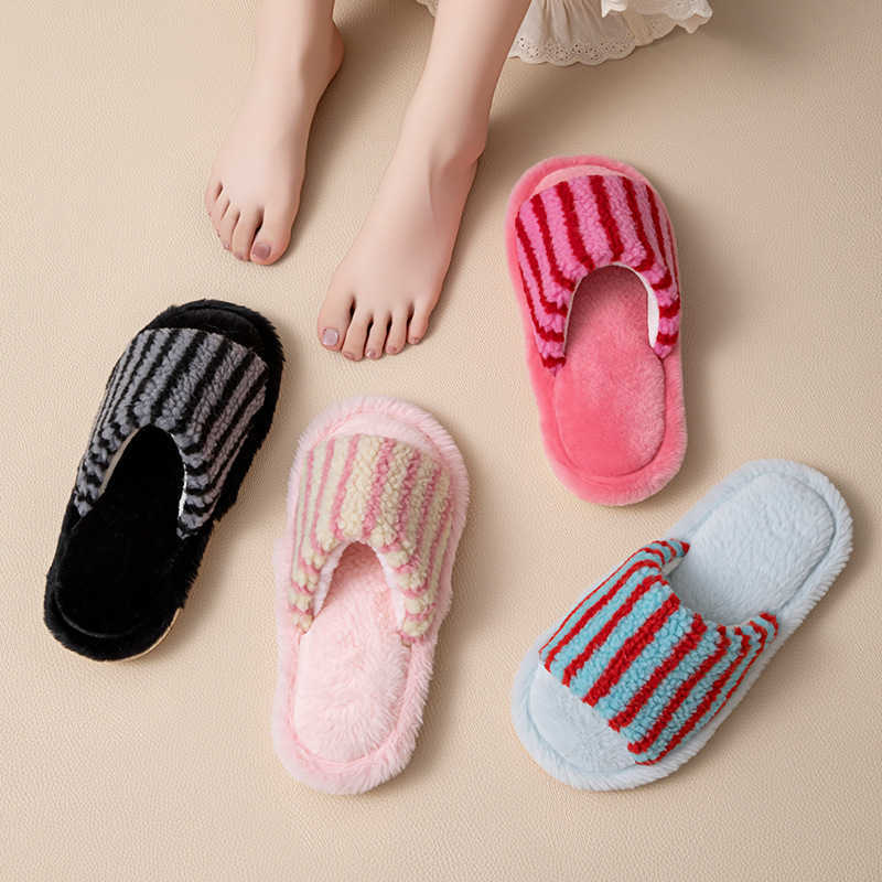Striped Color-Block Open-Toe Cotton Slippers for Women Ins Style Furry Slippers Designer Home Plush Slippers S260305