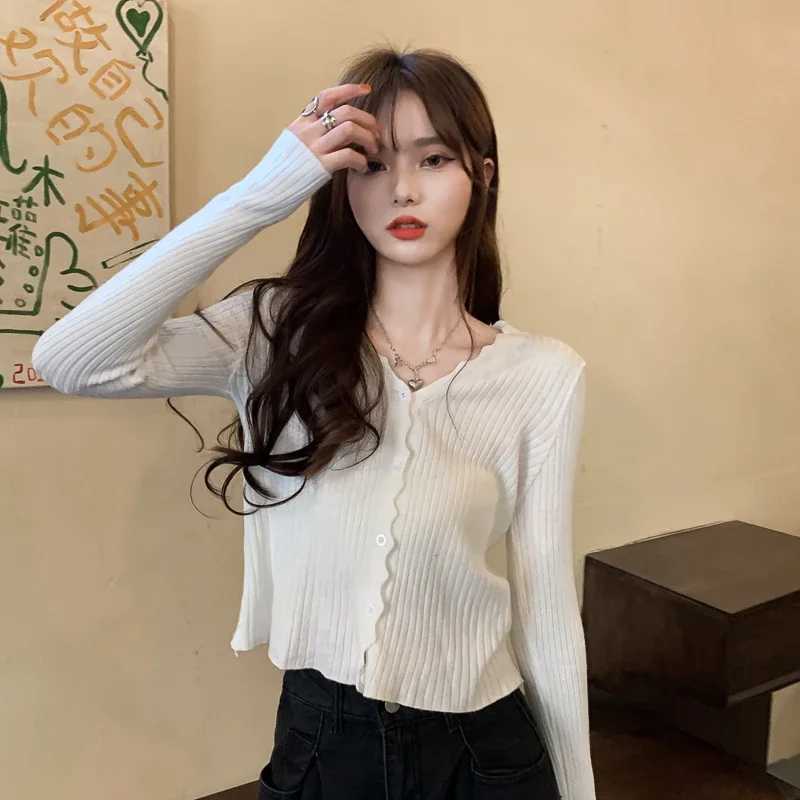 Women Ribbed Crew Neck Cardigan Sweater Pastel Pink Long SLeeve Fitted Crop Knitted Jacket Spring Fall M260306