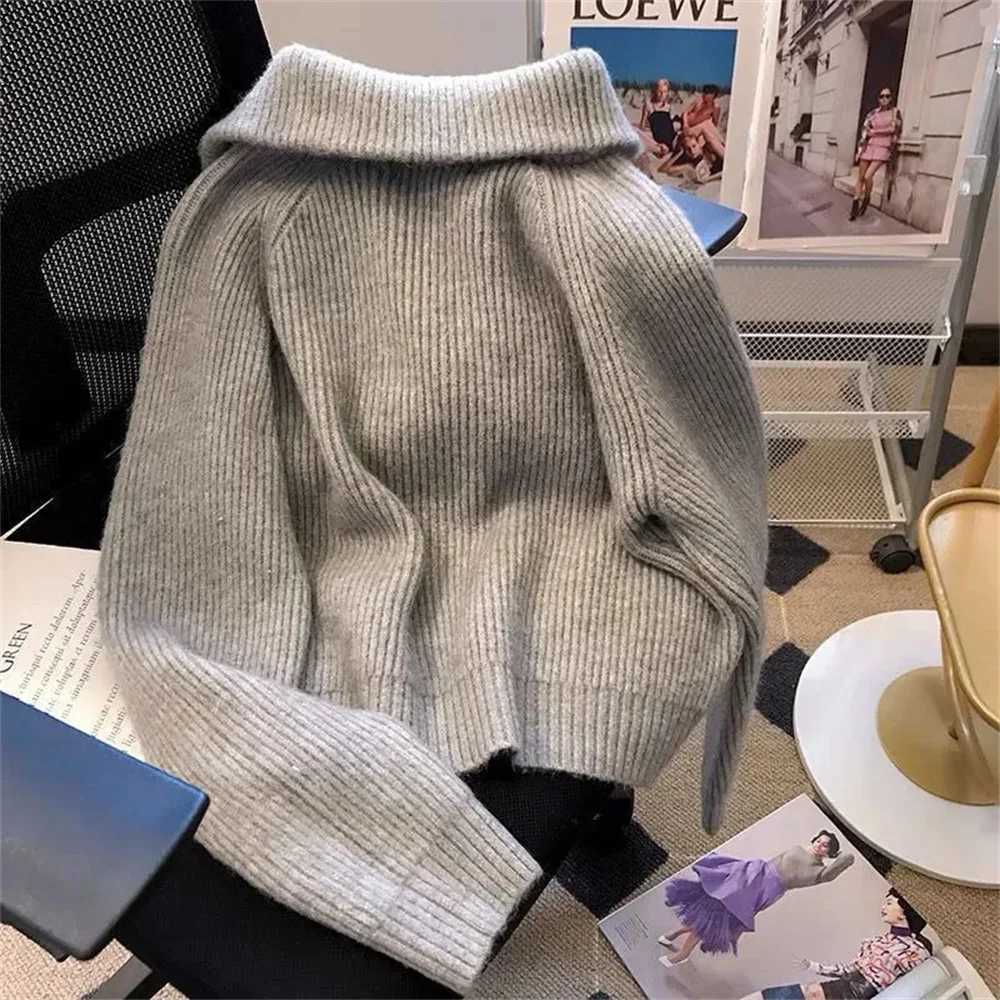 Double Zipper Vintage Flip Collar Women Harajuku Autumn Winter Knitted Cardigan Sweater Jacket Student Korean Version Ladies Top M260306