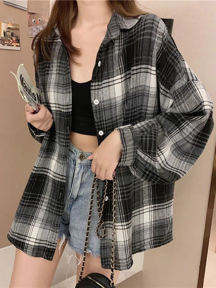 Plaid Shirt Women Autumn LongSleeve Top Female Vintage Fashion Single Breasted Blouse Ladies Preppy Style Loose Check Shirts 260306