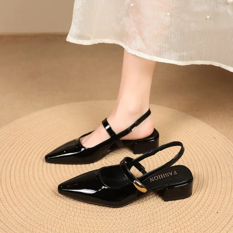 White Leather Pointed Toe Low Heel Heels Woman Shoes Pumps Fashion Buckle Strap Mules Sandals Zapatos Mujer 260303