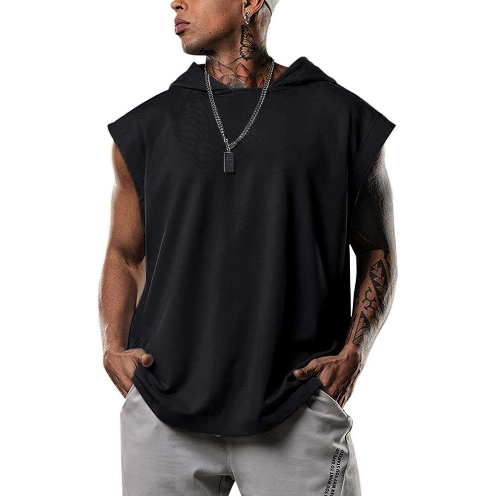 2026 New European and American Amazon Pullover Sports Casual T-Shirt Trendy Sleeveless Hooded Loose Men's