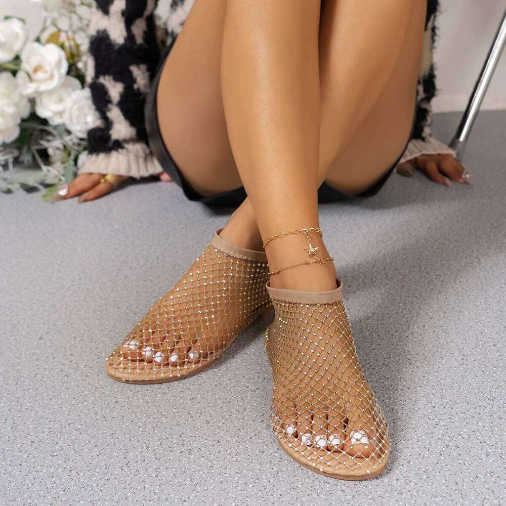 2025 Round Toe Sandals With Hollowed Out Diamond Studded Internet Famous Short Boots Summer Sexy Plus Size Flat Shoes