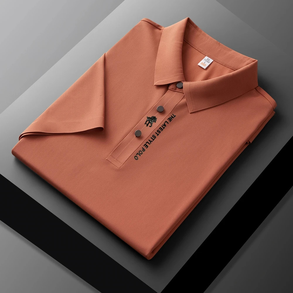 High end ice silk breathable short sleeve T-shirt mens lapel summer fashion embroidery casual business polo shirt 260304