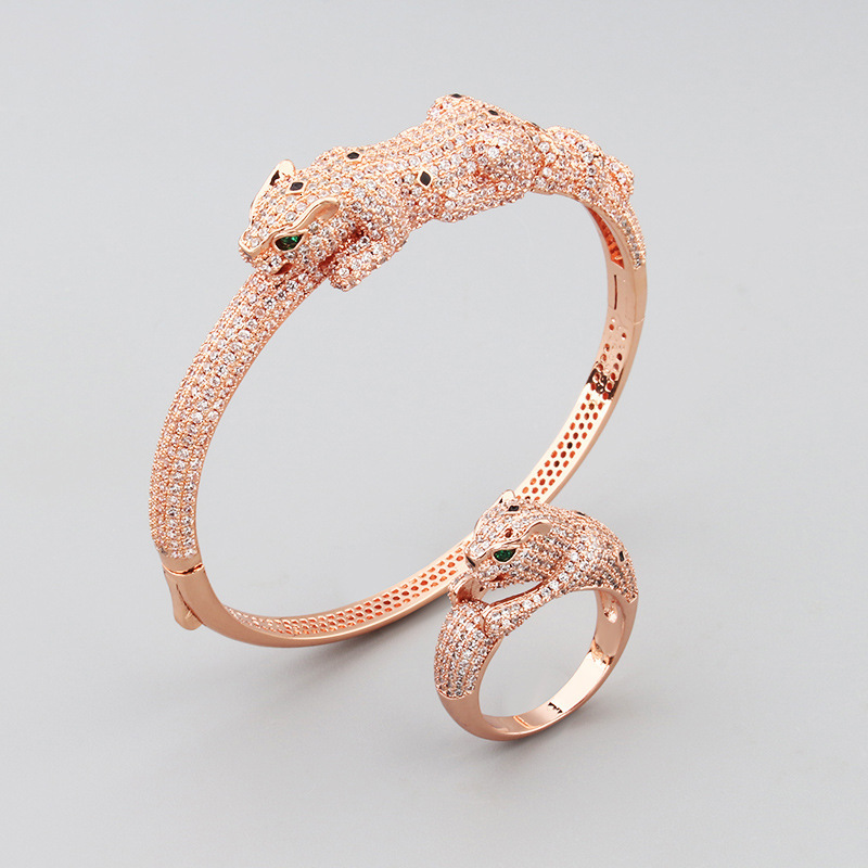 Bracelet Style Elegant Women's Leopard And Ring Set With Unique Punk Design Leopard-Shaped Bracelet
