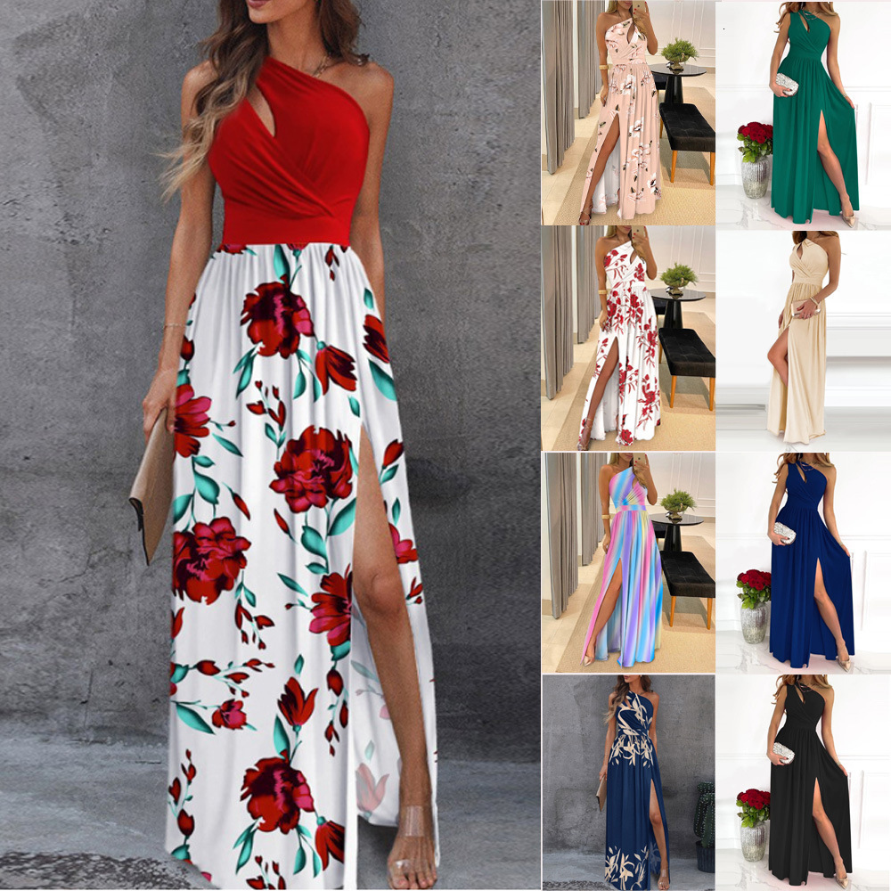 2025 Style Asymmetric Shoulder Long Dress Elegant Sleeveless Sexy High Waist Split Dress Womens Fashion