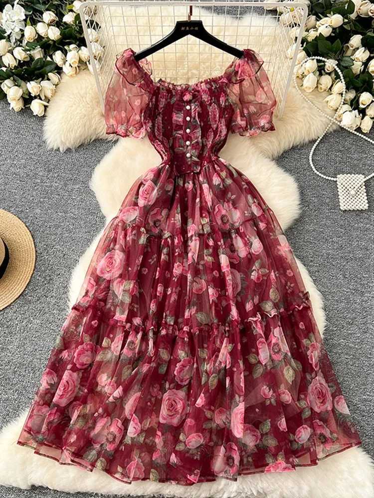 Summer Vintage French Mesh Dress for Women New Waist Cinched Slash Neck Bubble Sleeves Sweet Floral Chiffon Dress Female C146 X260306