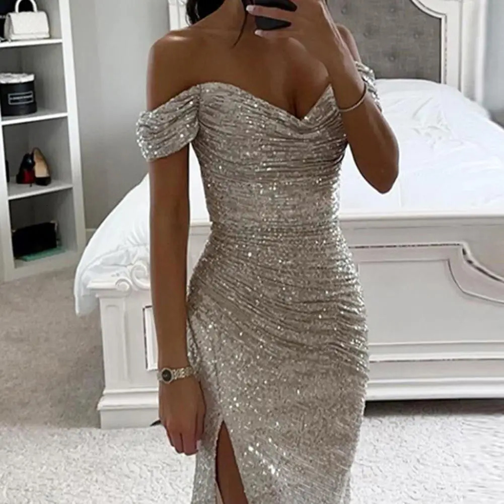 Evening Party Prom Dress Elegant VNeck Off Shoulder Sequin Pleated Short Sleeve Waist Tight Slim Sexy Split Long 260302