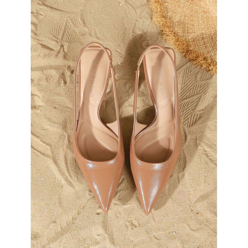 Women's Elegant Pointed Toe Slingback Kitten Heels, Stylish Leather High Heels for Summer, Office & Date Outings, Versatile Soli