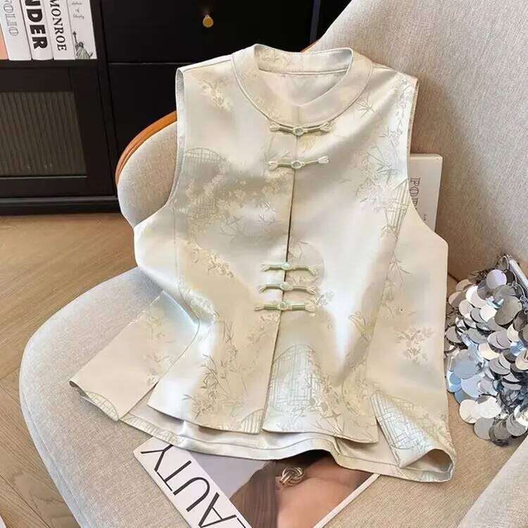Summer Chinese Style Silk Vest Buckle Button Vintage Jacquard Loose Cardigan Sleeveless Waistcoat Women Tank Tops All Match Asia Size