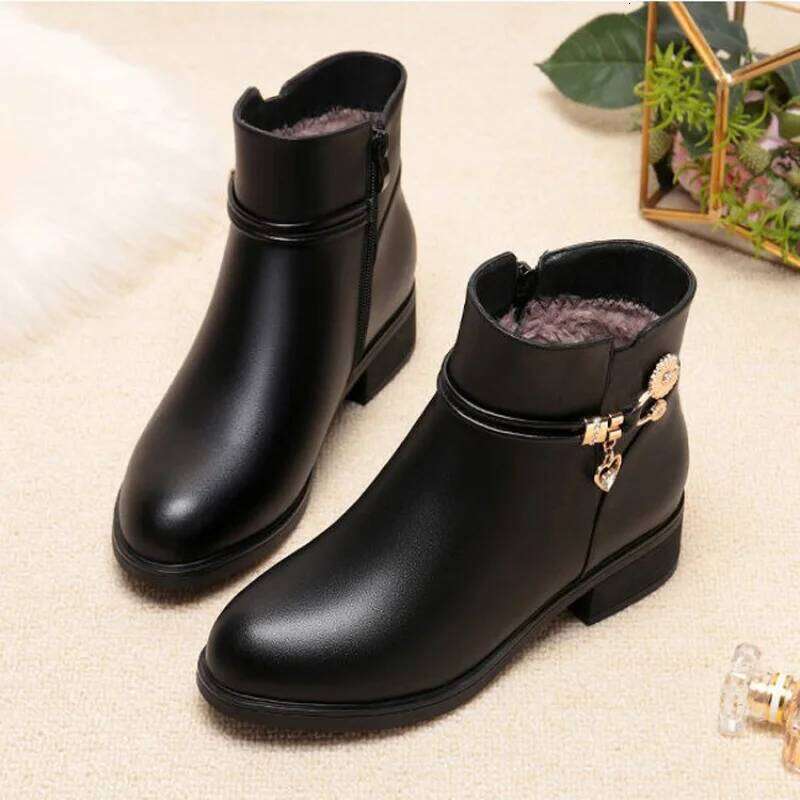 2025 Winter Soft Furry Short Boots for Women - Chunky Heel Warm Cotton Shoes, Flat Black Leather Mom Shoes