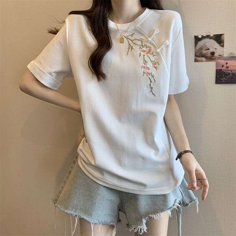 Women Summer Chinese Style Graceful Embroidery Floral Black T Shirts 2025 New Lady Casual Loose Short Sleeve Retro Tops Female