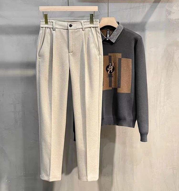 Mens Woolen Casual Pants Autumn Winter Thiened Straight Leg Slim Fit Long Trousers Korean Faion Nine Points Pants 260304
