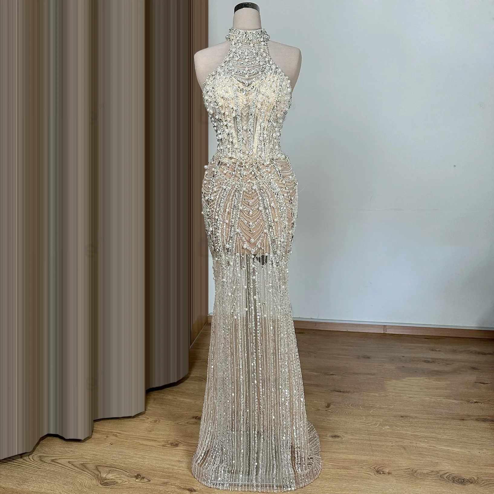 Graceful Evening Dresses For Women Crystal Pearls Beaded Gown High Collar Sleeveless See Through Sweep Train Dress Party Custom Made