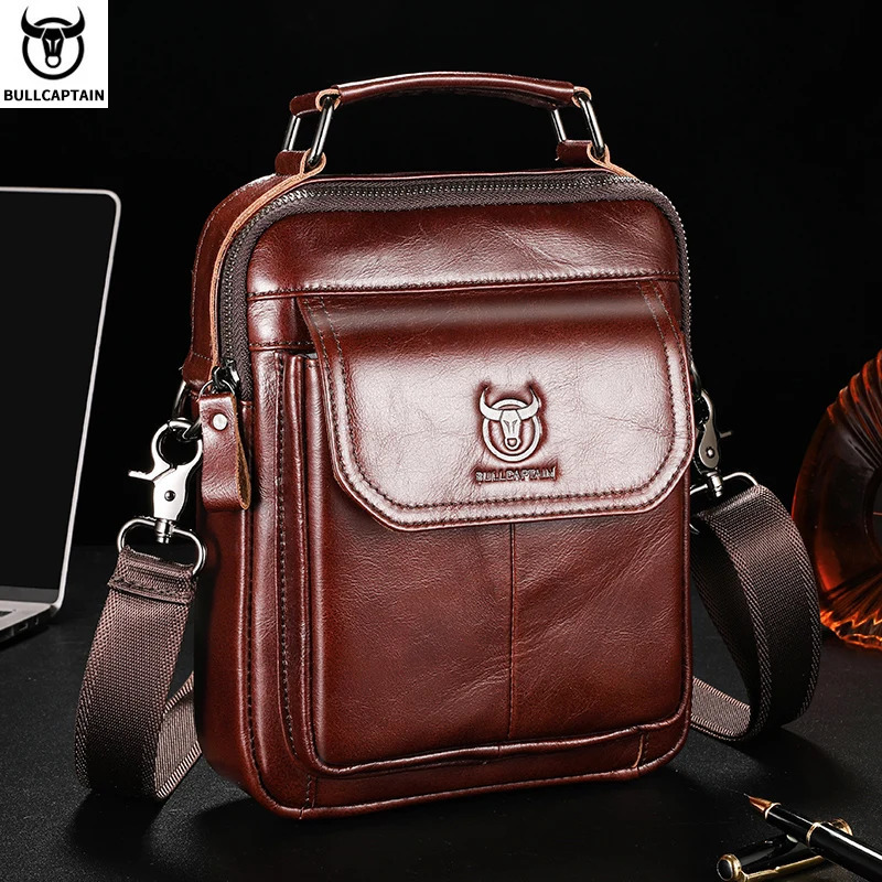 BULLCAPTAIN Mens Genuine Leather Shoulder Bag Multifunctional 79-inch Tablet Handbag Retro Casual Crossbody Bag Cowhide 260305