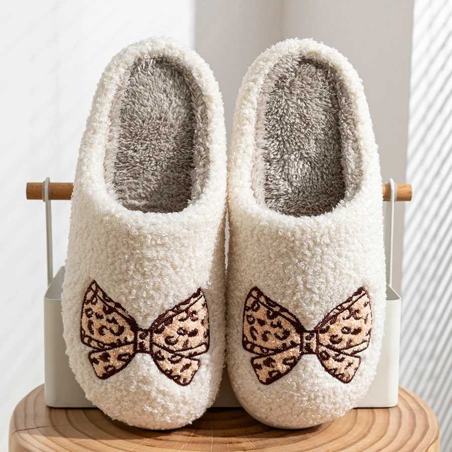 Womens Bow Slippers Warm Pattern Winter Indoor Soft Sole Home Cute Classic Embroidered Comfy casual Fuzzy Bedroom Girls Shoes S260305
