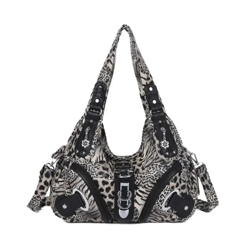 Women Vintage Leopard Print Handbags Punk Biker Satchel Top-handle Shoulder Bag Ladies Underarm Bags Multi-pockets Dumpling Pack 260306