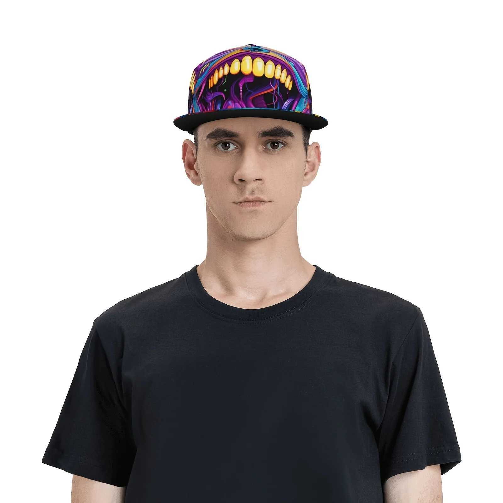 Vibrant Graffiti Art Baseball Cap - Adjustable Snapback Hip-Hop Street Style Colorful Flat Brim Hat with Cartoon Mouth Design S260306