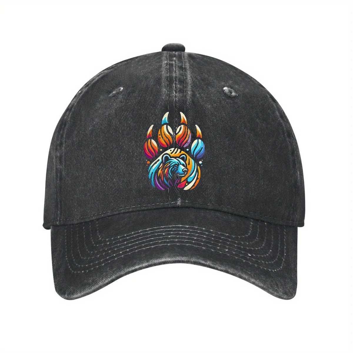 Colorful Bear Paw Print Baseball Cap Washed Denim Adjustable Casual Dad Hat for Unisex S260306