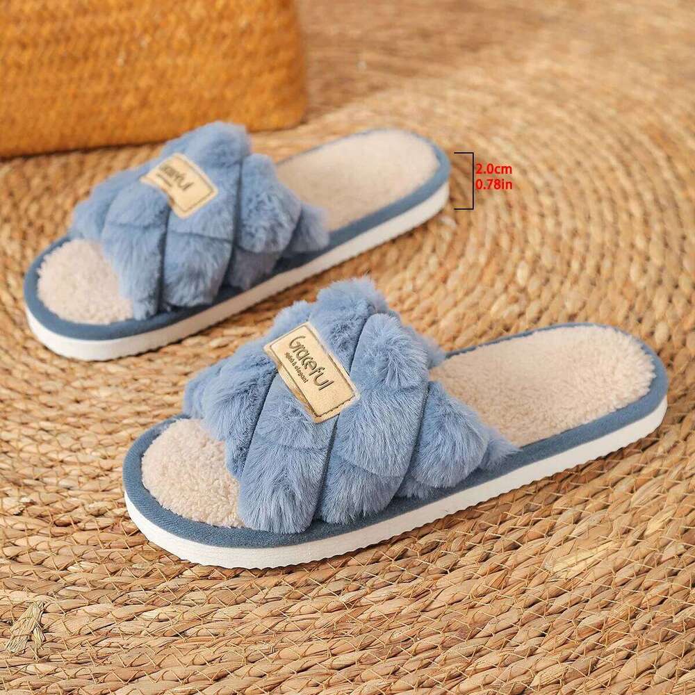 Litfun Winter Fluffy slippers For Women Open Toe Flat Bottom Home Slides New Warm Indoor Cotton Shoes Soft Sole Women's Slippers