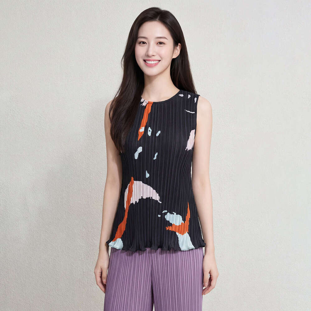Miyake's high-end sleeveless for women, new summer style, Designer round neck, waist-cinching, slimming, printed pleated tank top T-shirt