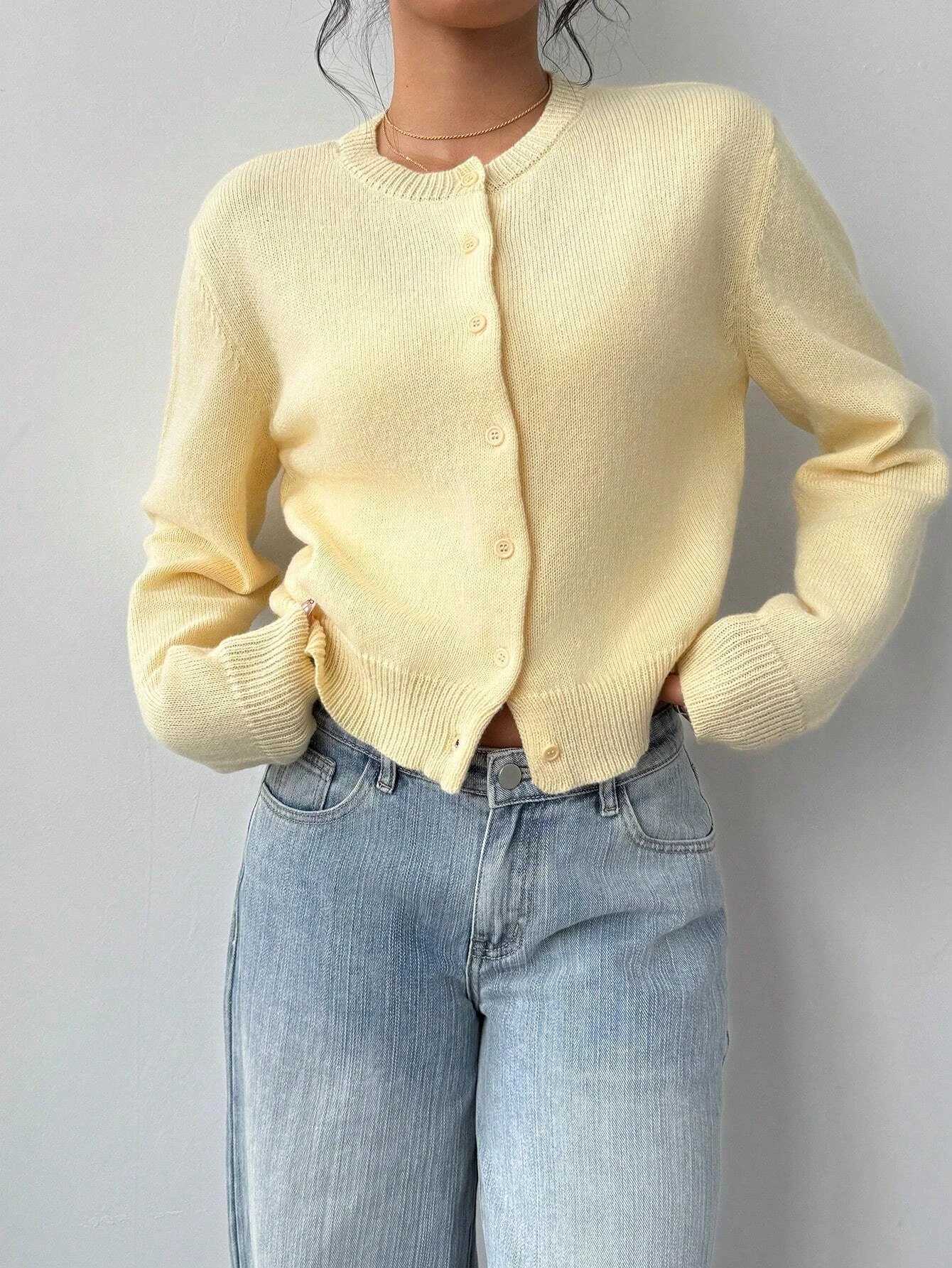 Womens Casual Solid Color Round Neck Long Sleeve Loose Cropped Top Single-breasted Sweater Cardigan Streetwear Autumn/Winter M260306