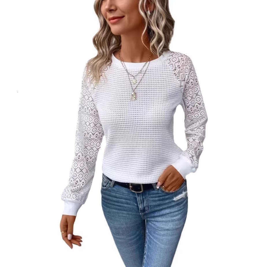 manufacturer European and American 2025 new solid Designer color lace long-sleeve hollow-out round-neck casual women's T-shirt top