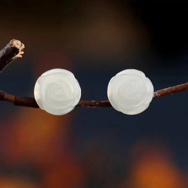 PANJBJ 925 Sterling Silver Rose an Jade Earring for Women Girl Ethnic Style Versatile Temperament Jewelry Gift Drop 260303