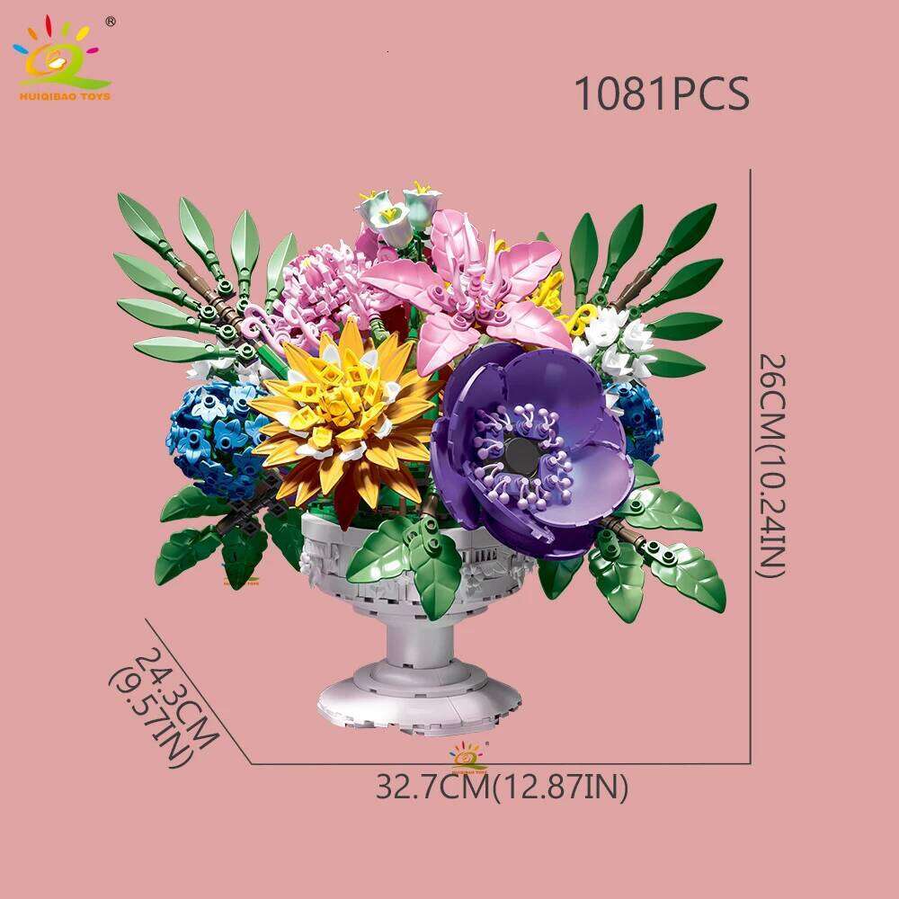 HUIQIBAO 1081+PCS MOC Flower Bouquet Model Building Block Potted Series Brick Construction Toy For Children Desk Home Decoration Z260306