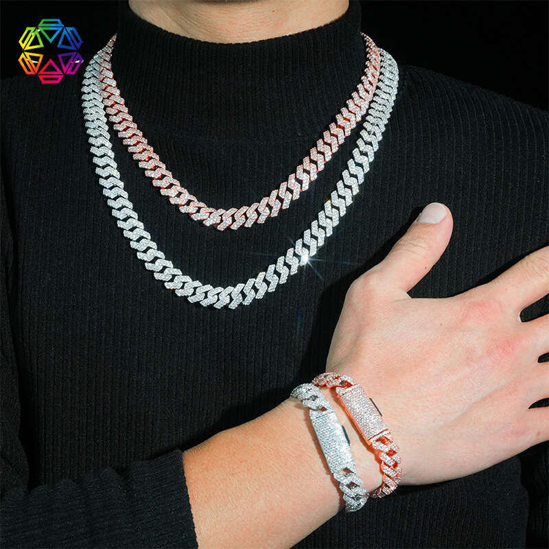 High-quality trendy Cuban chain 12mm double-row stone copper zirconia fully inlaid European and American fashion bracelet necklace accessory