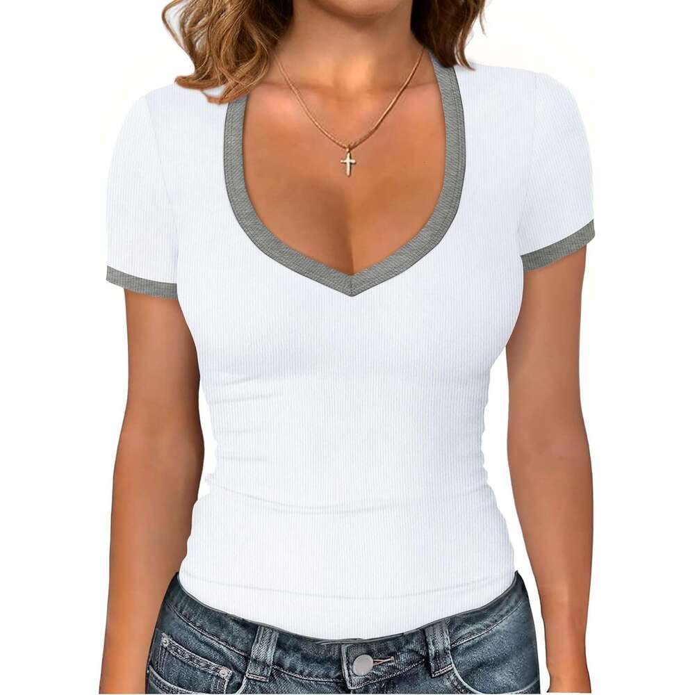 Short Sleeve Designer Shirts for Women V Neck Summer Ribbed Tshirts 2026 Slim Fit Spring Fashion Going Out Basic Tees