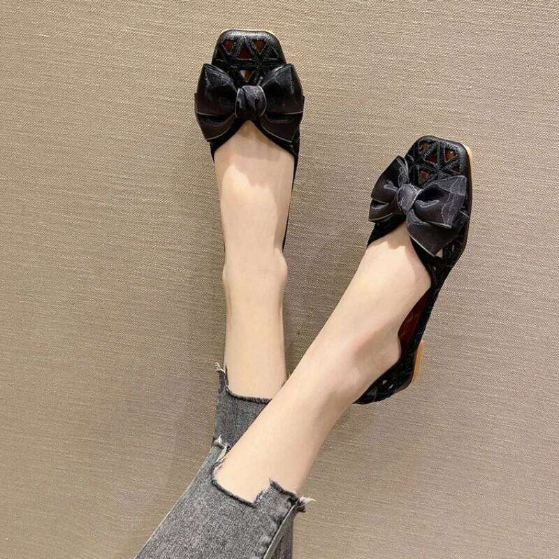 Women Summer Sandals Hollow Out Breathable Square Toe Slip-On Low Heel Bowknot Flat Soft Sole Fashion Ladies Beach Shoes