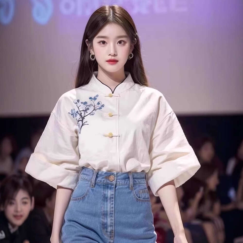 Mardi Hefxessdr Women's Clothing Summer New Improved Tang Suit Slimming Top Stylish White Drop-Shoulder Sleeve Embroidered Shirt style shirt wome