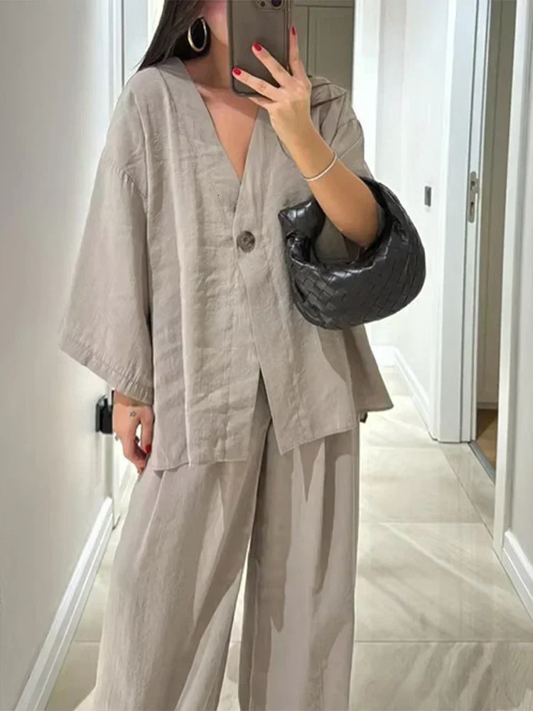 Casual Cotton Linen Loose Long Pants Suits Fashion Half Bubble Sleeve V-neck One Button Shirt Sets Lady Summer Street Outfit 260305