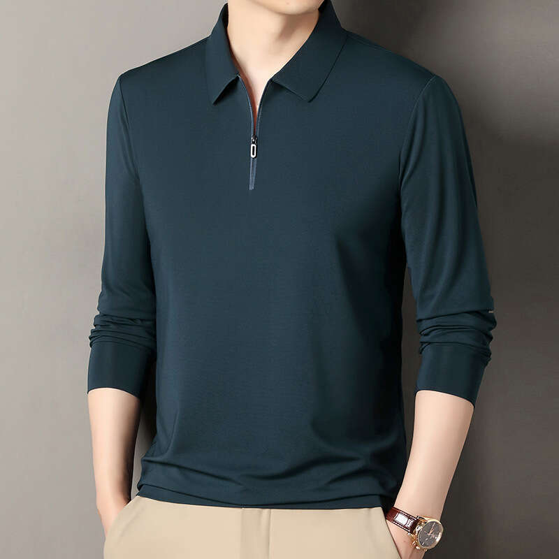2025 New Spring and Autumn Seamless Long-Sleeve Polo for Men, High-End Business T-Shirt, Trendy Turn-Down Collar Base Shirt