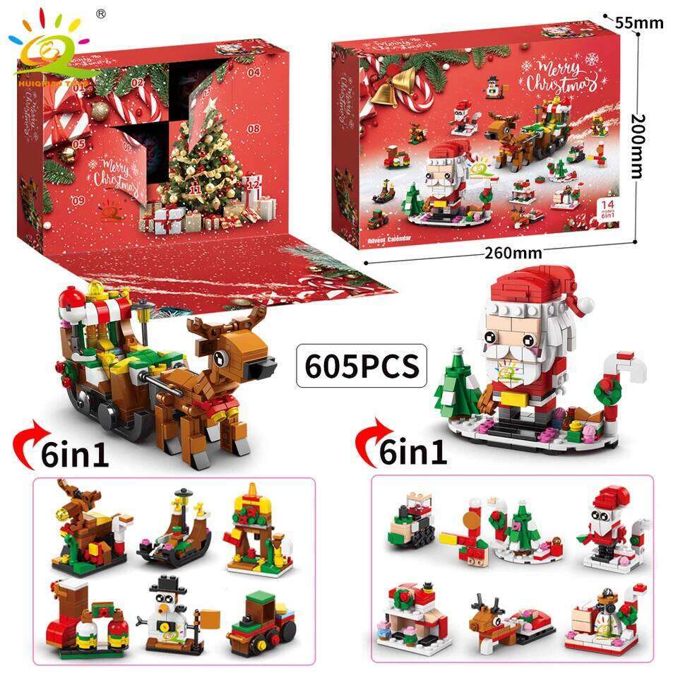HUIQIBAO Christmas Countdown Calendar Elk Deer Santa Claus Building Blocks City Snow House Xmas Tree Bricks Set Toy for Children Z260306