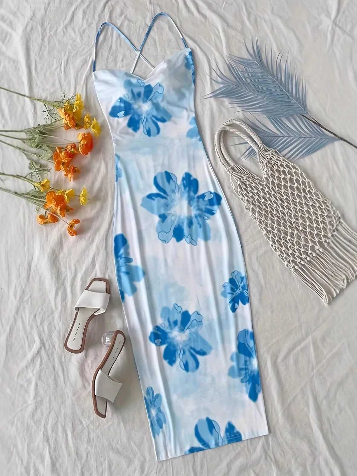 TikTok Viral 2024 Boho Dress Large Floral Maxi Surplice Neck Backless Thin Straps Beach Cover Up X260306