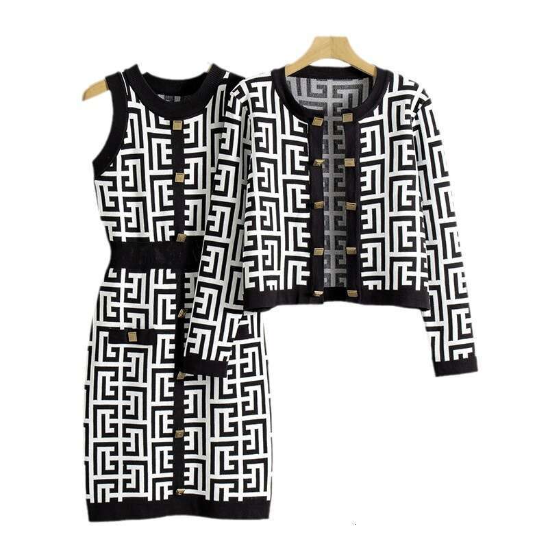 Cross Border Fashion For Women Spring And Autumn New Style Elegant Knitted Sweater Jacket Vest Dress Two Piece Set MAKOUFEI