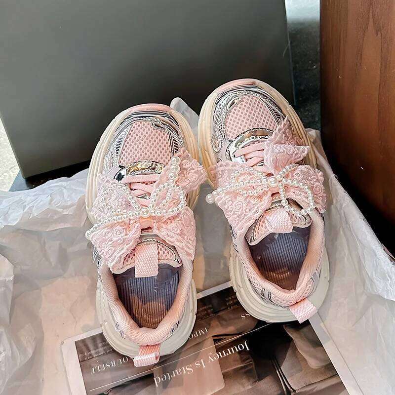 Girls Sweet Gauze Bow Decorative Sneakers New Spring and Autumn Breathable Fashion Beaded Children's Running Shoes. 26Y0304
