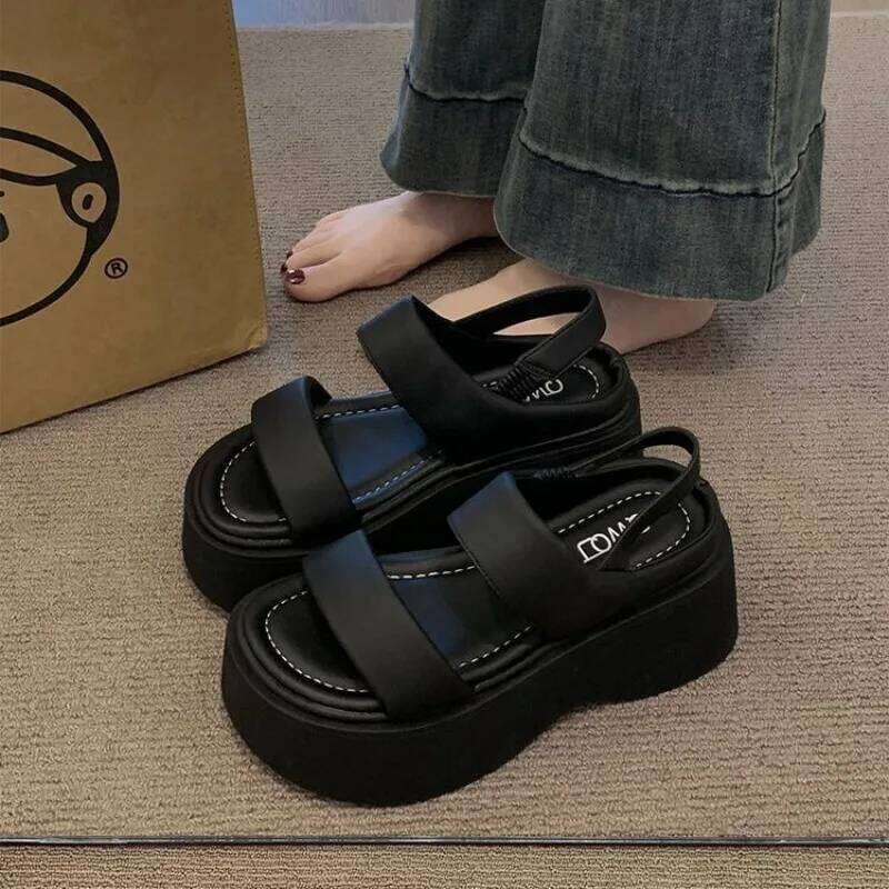 Summer 2025 Chunky Sandals Women's Wedge Slides 8CM High Heels Leather Casual Woman Beach Thick Bottom Flip Flops