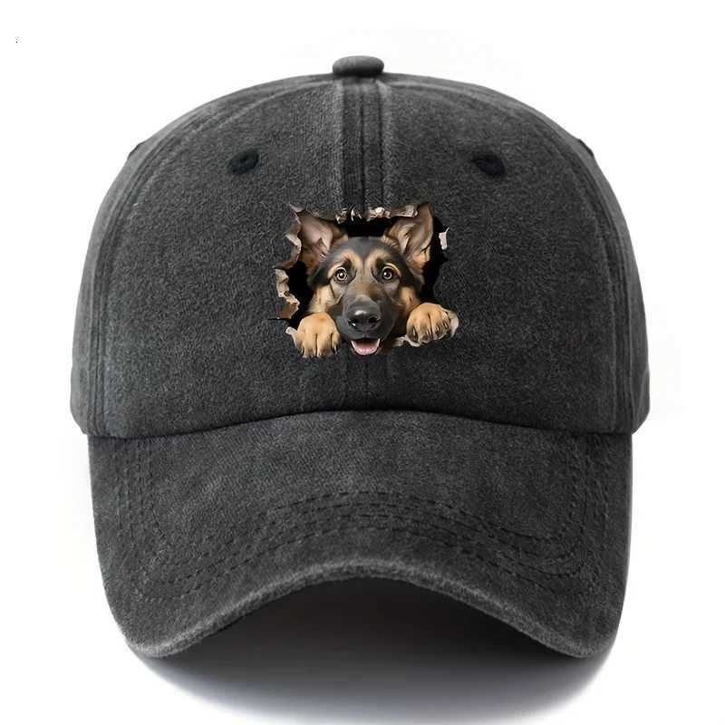 Adjustable retro washed baseball cap with German Shepherd print suitable for casual hip-hop hats at parties and festivals S260306