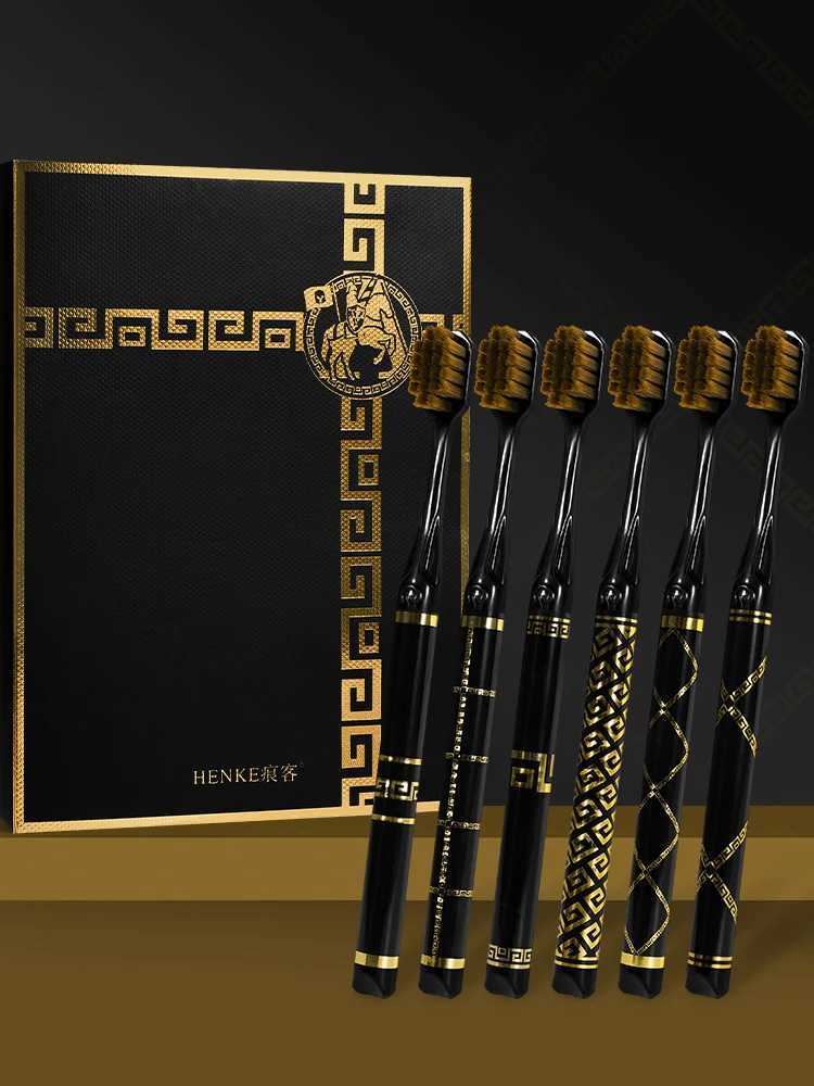 This 6-piece gift box set of black and gold toothbrushes features printed handles and soft bristles, making it ideal for adults, couples, home use, an
