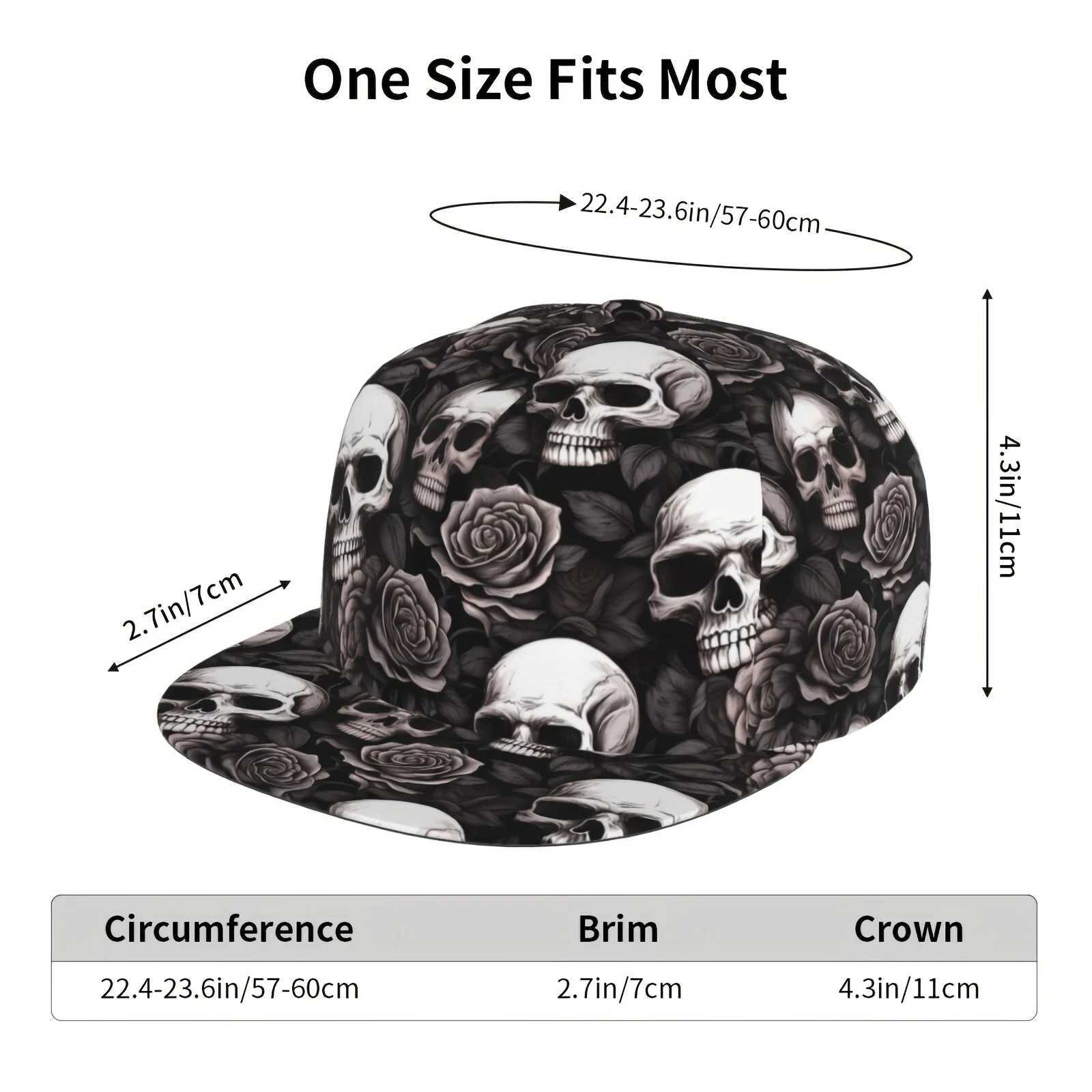 Cool Hippie Flat Brim Baseball Cap Gothic Skull Rose Print Punk Snapback Hat For Casual Leisure Outdoor Dance Skate Boarding S260306