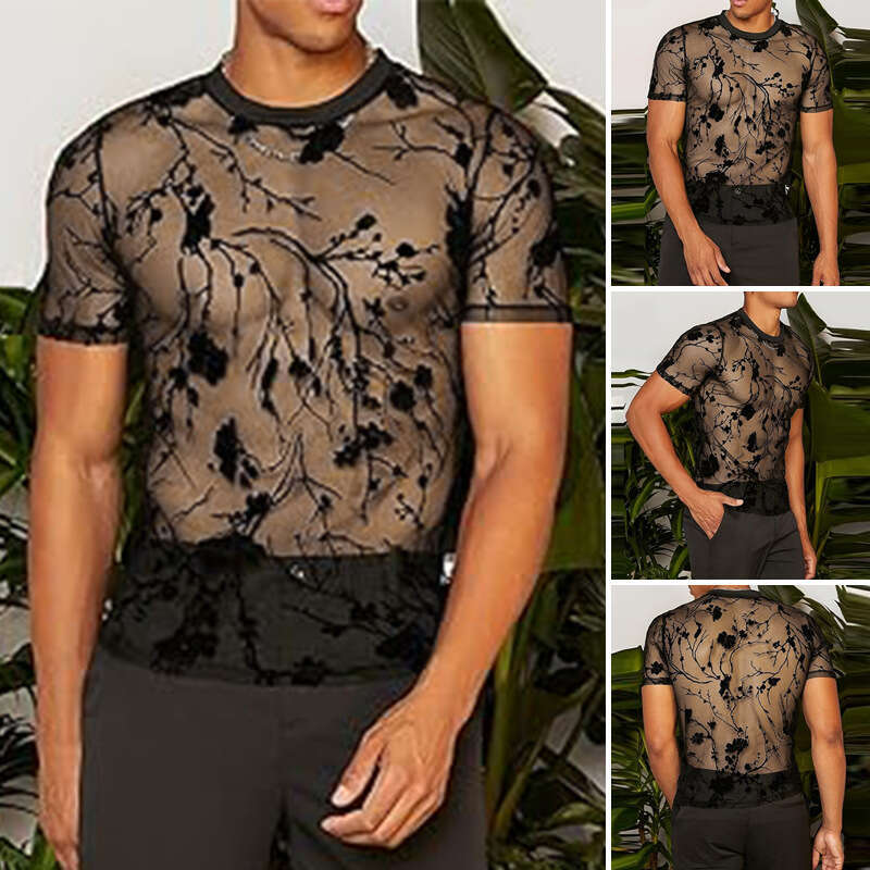 2026 New Summer European and American Thin Floral Design Flocked Sexy Round Neck Sheer Mesh Short Sleeve T-Shirt