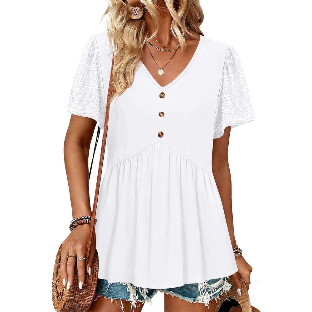 Womens Designer Summer Babydoll Short Button Down Lace Sleeve Peplum Tunic Tops V Neck T Shirts
