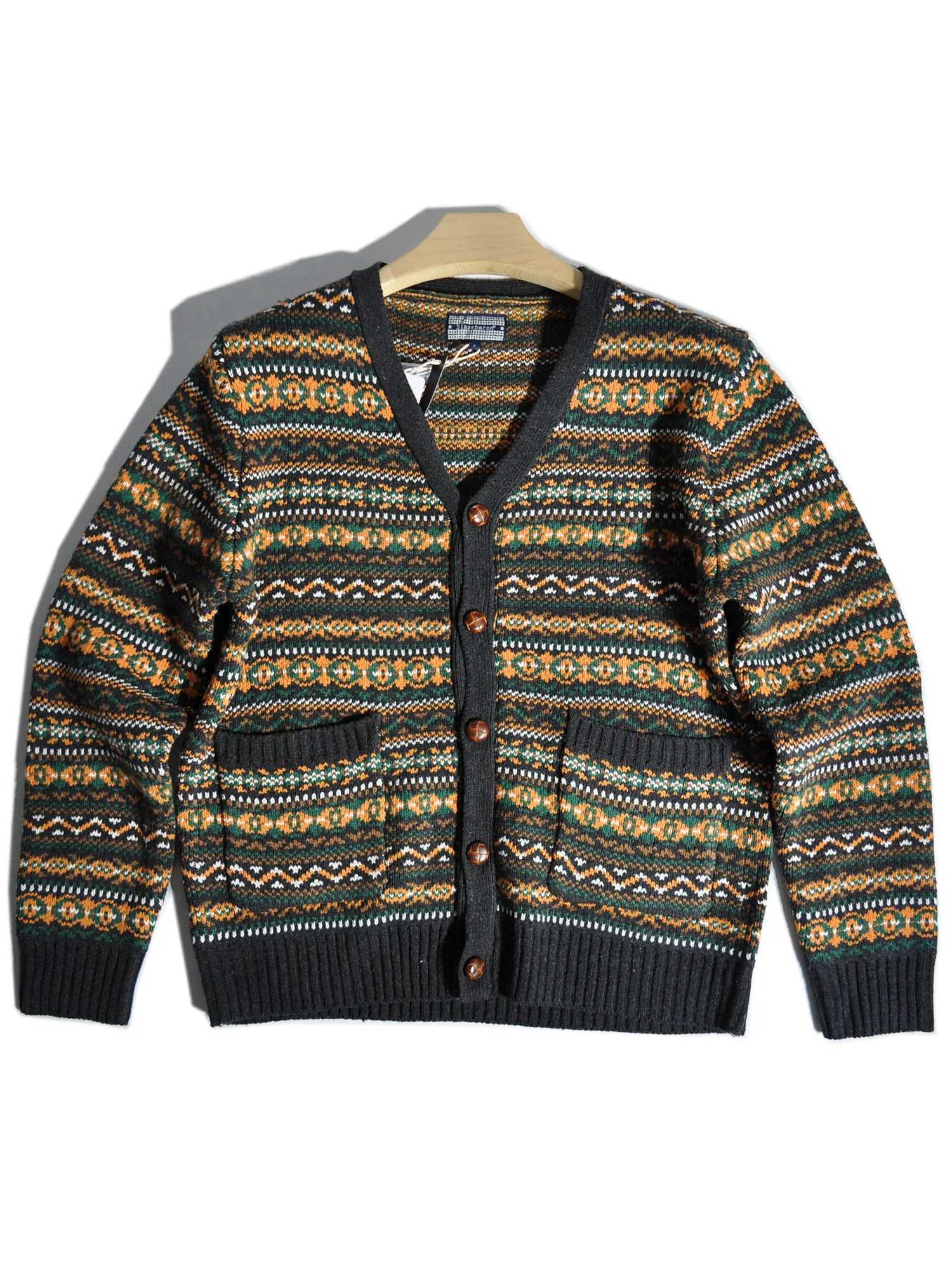 American Retro Barn Style Fel Ethnic Style Jacquard V-neck Knitted Cardigan Sweater Vintage Style Coat M260306