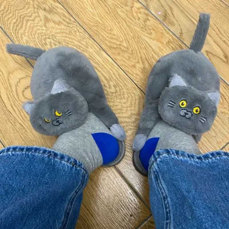 Blue Cat Cotton Slippers Jerk Cat Sense Semi-Packed Heel Cotton Shoes Plush Home Cute Warm Show Heel Simulation Cat Slippers S260305