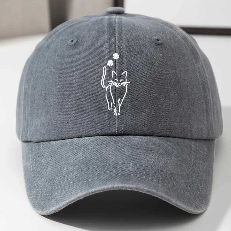 WomenS Cute Cat Print Baseball CapSoft Top Vintage Washed Denim Curved Brim Hip-Hop HatAdjustable Quality Outdoor Travel Cap S260306